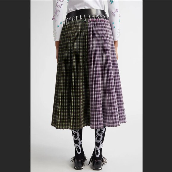 Chopova Lowena Catherine Mixed Plaid Pleated Carabiner Midi Skirt, size L NWT - Picture 4 of 10